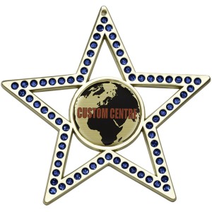 SILVER 75MM - BLUE STAR GEMSTONE CUSTOM VINYL DOMED MEDAL **SPARKLE**